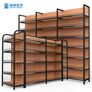 锦纳超市货架便利店展示架仿木纹带护栏多功能零食文具母婴店黑色
