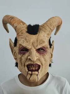堕落天使撒旦恶魔人面路西法面具恐怖魔鬼羊牛角头套万圣节装饰吓