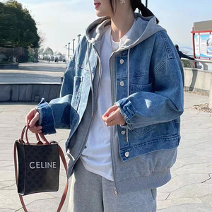 卫衣拼接牛仔外套女短款宽松休闲假两件连帽牛仔衣2020春装新款爆