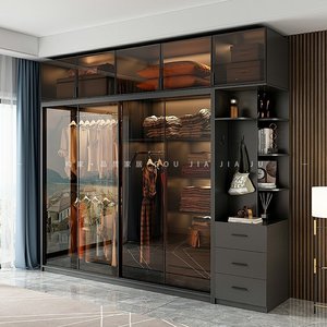 宜家推拉门衣柜家用卧室现代简约玻璃滑移门实木轻奢意式极简组合