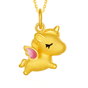 999足金独角兽黄金吊坠女3d硬金生肖马珐琅小飞马珍珠项链坠脖链