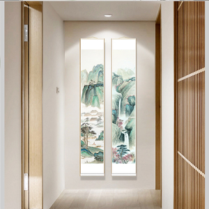 新中式竖长幅青绿山水国画装饰画挂轴画书房茶室背景墙四联卷轴画