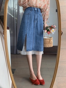 梨形身材法式赫本风蓝色牛仔网纱半身裙子女夏季设计感小众高级感