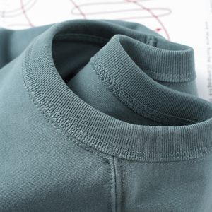 三本针 300g重磅碳素磨毛圆领长袖t恤 宽松百搭暗蓝色体恤男女款t