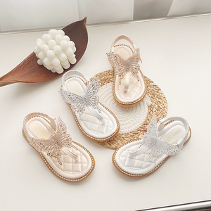女童夹趾凉鞋2022年夏季新款可爱小女孩水钻蝴蝶结一字带中大童鞋