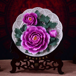 洛阳牡丹瓷洛阳红牡丹摆件德化陶瓷花卉二乔赵粉花坐盘挂盘工艺家