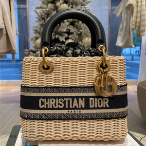 贻华代购 dior/迪奥新款lady草编帆布抽绳手提戴妃包女单肩斜挎包