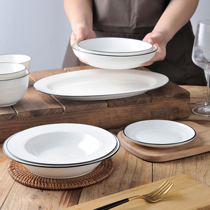 黑线陶瓷盘欧式餐盘装菜盘子 创意家用碗碟子厨房餐具圆盘西餐盘