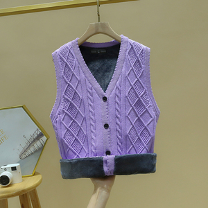 粉紫色加绒加厚背心毛衣显年轻开胸秋冬季保暖针织开衫马甲毛线衣