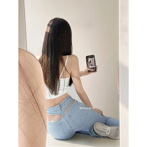 妃伢街头辣妹性感镂空露腰牛仔裤女春夏显瘦修身复古中线微喇叭裤