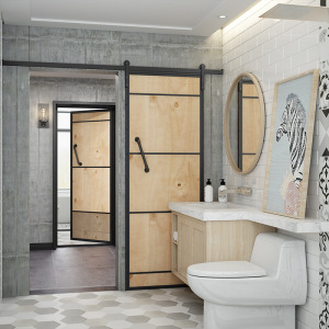 实木谷仓门卫生间推拉门铁艺