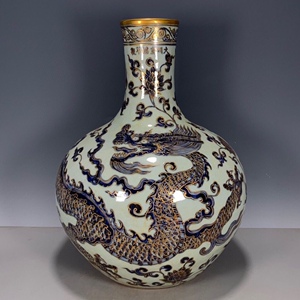 大明宣德年制青花描金龙纹天球瓶纯手工手绘全美品老物件包老瓷器