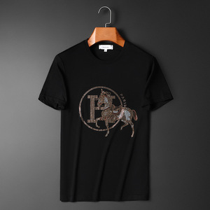 仕途爱马仕男装联名夏h字母战马短袖t恤男休闲半袖衫印花烫钻男士