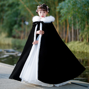 黑色女童披风斗篷儿童古风汉服女春秋季加绒加厚古装冬装保暖外套