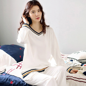 高档睡衣女2022年新款春秋款长袖纯棉白色家居服套装大码时尚简约