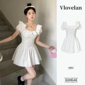 白色连衣裙女夏季新款设计感法式方领花边小个子收腰显瘦蓬蓬裙子
