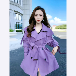 英伦风紫色短款风衣女2024春秋季新款小个子韩版气质休闲大衣外套