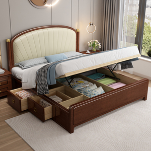 美式轻奢全实木床气压高箱储物床抽屉1.8米主卧现代简约箱体收纳