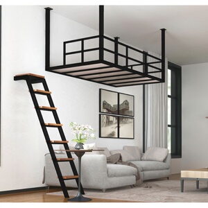 北欧挂壁式阁楼铁艺吊床 过道悬空架子步爬梯高架床 省空间铁艺床
