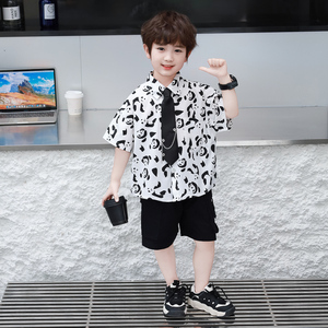 男童夏季短袖卡通熊猫衬衫套装2024新款宝宝夏装学院风领带衬衣潮