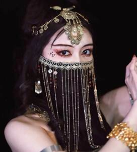 面纱遮脸直播流苏挂耳面帘汉服面纱异域民族风面罩额饰黑色异