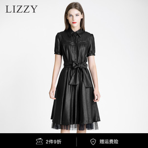 lizzy 夏季新款高端女装拼接网纱光泽感衬衫连衣裙收腰系带小黑裙