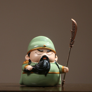 创意q版小号彩色陶瓷小关公摆件书房电视柜装饰品卡通可爱关羽