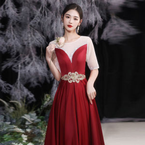 酒红色2022新款晚礼服裙指挥服装高档优雅气质演出服女长裙洋气夏