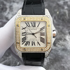 二手正品卡地亚山度士w20072x7间金后镶钻大号方形机械男士表