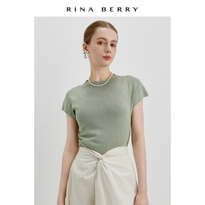 RINA BERRY冰丝针织短袖女夏绿色正肩显瘦T恤设计感小众气质上衣