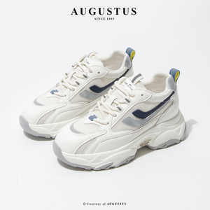 奥古斯都2022夏季薄款网面老爹鞋女真皮系带厚底内增高休闲运动鞋