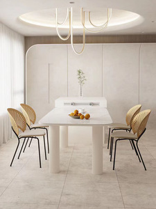 奶油风岩板餐桌椅组合长方形实木白色烤漆现代简约家用大小户型饭