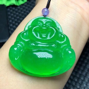 阳绿翡翠佛公冰种吊坠满绿弥勒佛玉坠高冰挂件帝王绿翡翠玉佛吊坠