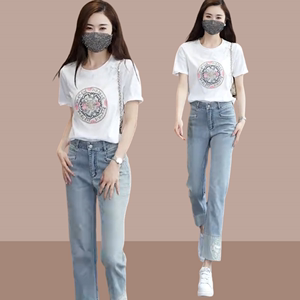 新中式牛仔裤套装女2024夏季小个子国风纯棉t恤九分直筒裤一整套