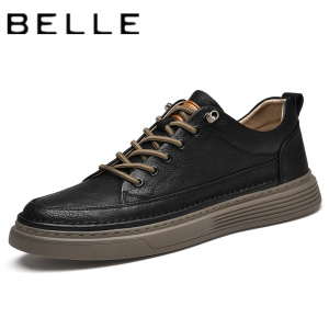 belle/百丽男士皮鞋新款休闲鞋黑色英伦风真皮男鞋潮流低帮板鞋男