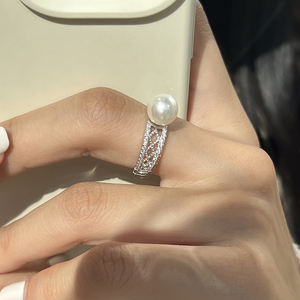 奥地利施家珍珠蕾丝镶钻镂空S925纯银戒指精致高级感指环女