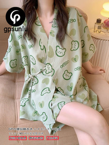 日本GP绿色小熊和服睡衣女夏天纯棉短袖套装女款家居服夏款可外穿