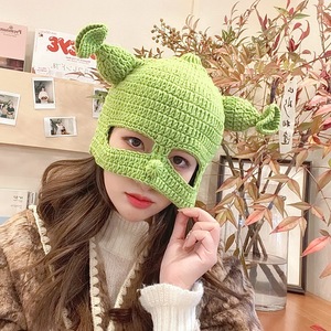 痞幼同款帽子绿色触角帽子手工毛线编织针织搞怪迷惑头套绿帽子