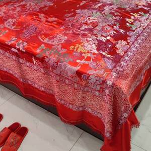 结婚百子图床单床罩大红色加厚杭州丝绸缎织锦缎面中国风婚庆床盖