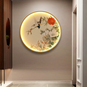 盈盼中国风工笔花鸟玄关带灯装饰画圆形茶室书房新中式金属框挂画