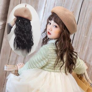 香港ttit儿童假发贝雷帽子一体女孩童宝宝仿真长卷发羊毛卷全头套