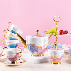 欧式红粉千鹤居家15头骨瓷咖啡具套装陶瓷茶壶咖啡杯碟糖奶盅礼品