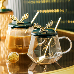 咖啡透明玻璃杯子茶杯轻奢带把手带盖勺马克杯女ins风高级感精致