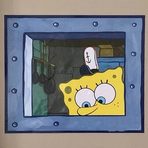 海绵宝宝窗户防水贴纸比奇堡油画装饰亚克力舷窗动漫墙贴手绘抖音