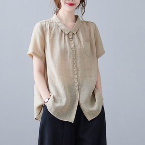 韩版棉麻衬衫女夏新款宽松大码气质翻领纯色T恤麻料短袖上衣搭配.