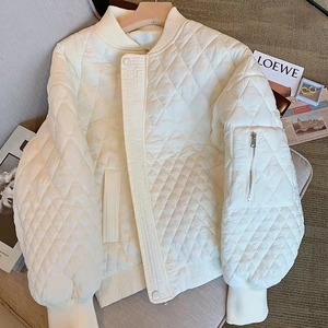 白色棒球棉服女2021冬季韩版宽松休闲菱格压棉保暖加厚棉衣外套潮