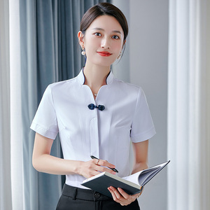 中式衬衫女餐厅服务员茶楼酒店短袖V上衣气质职业员工服装工衣夏