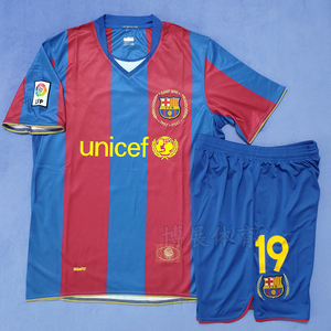 0708巴萨主场短袖足球服套装10号小罗19号梅西50周年纪念复古球衣