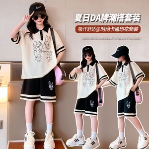 巴拉品牌夏季女童套装运动服2023新款韩版中大童短袖上衣五分裤洋
