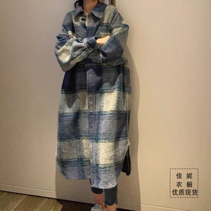 秋冬装韩国宽松格纹羊毛呢外套法式小众廓形蓝色格子中长款大衣女